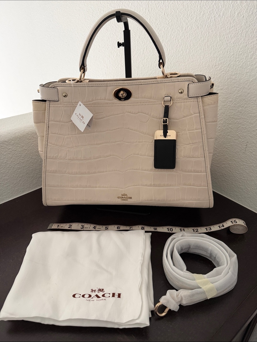 NWT Coach Croc-Embossed Cream Leather Satchel with Black Tag and Gold Hardware